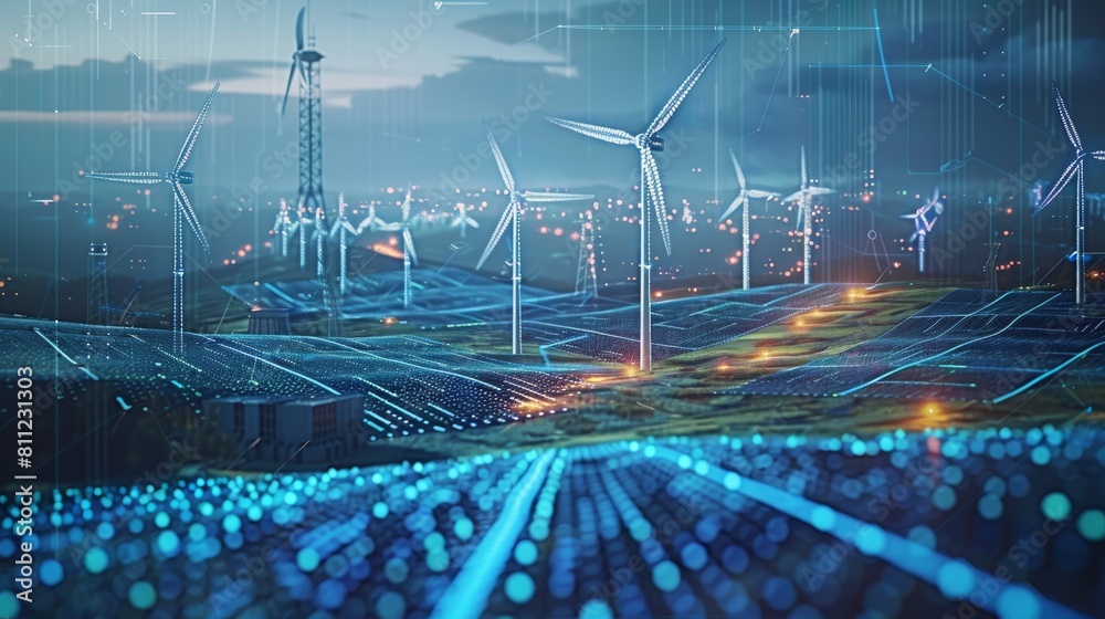 Poster advanced ai monitoring renewable energy grids, visualized in a sleek, high-tech style, the fusion of