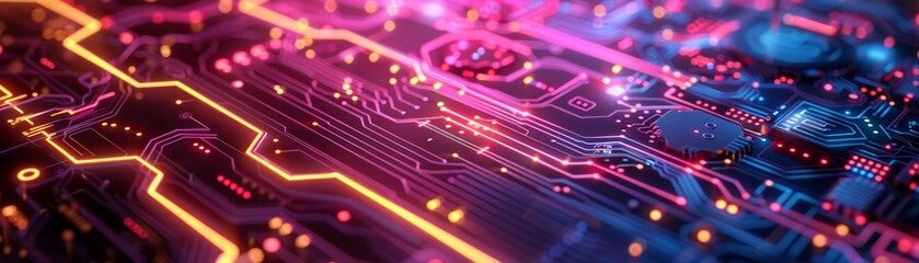 Obraz premium A close-up of a computer chip with glowing colorful light on the board