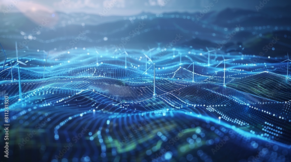 Poster advanced ai monitoring renewable energy grids, visualized in a sleek, high-tech style, the fusion of