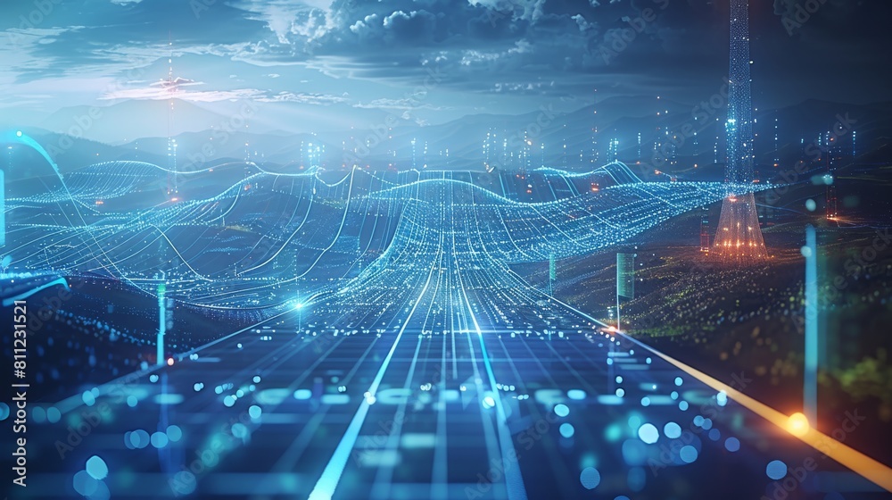 Poster advanced ai monitoring renewable energy grids, visualized in a sleek, high-tech style, the fusion of