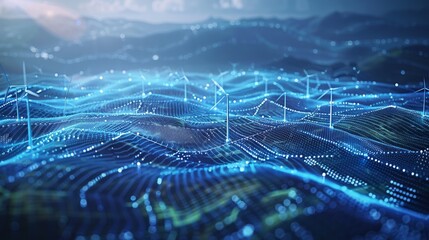 Advanced AI monitoring renewable energy grids, visualized in a sleek, high-tech style, the fusion of innovation and sustainability, blue sci-fi tone. Generative AI.