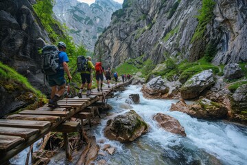 A group of hikers crossing a wooden bridge over a river, A group of hikers crossing a wooden bridge over a rushing river in a deep canyon