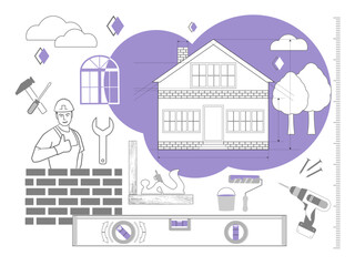 Handyman occupation with construction, repair and maintenance outline concept. Concept of Home repair with handyman and tools in gray and violet. EPS10.