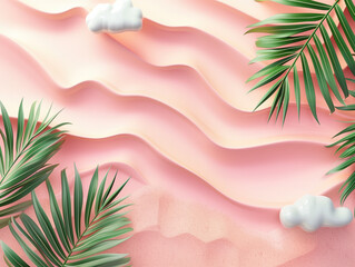 Tropical Vacation Themed Pink Wave Background with Palm Leaf and Cloud on Sandy Beach