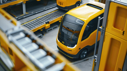 A bright yellow bus is parked inside a warehouse, surrounded by concrete walls and industrial equipment