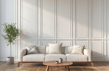 Minimalist Elegance: Sunlit Living Room Featuring a Plush Sofa, Coffee Table, and Decorative Plants. Created with Ai