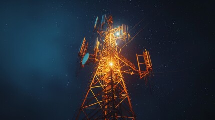 A telecommunication tower illuminated at night, with lights casting a glow against the dark sky, symbolizing 24/7 connectivity.