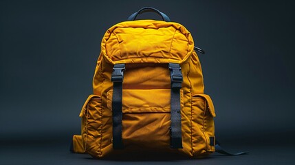 A bright yellow backpack on black background.