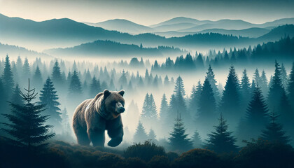 A large grizzly bear walking through a misty forest. The bear is featured in the foreground, detailed and lifelike
