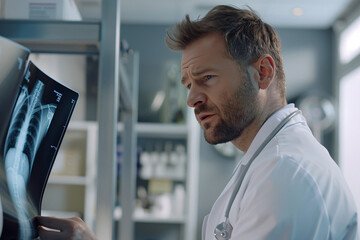 male doctor looking at x-ray of patient