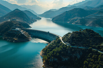 beautiful aerial view of dam and reservoir lake in mountains