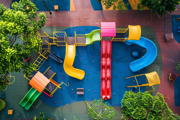 aerial top view of colorful playground with slides in the city park
