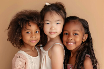 diversity and friendship concept, cute little girls over beige background