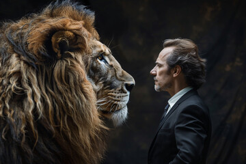 Businessman facing the lion on dark