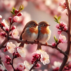 A small bird in spring among blossoming fruit trees