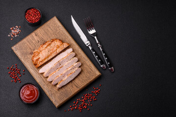 Delicious juicy turkey or chicken steak with salt, spices and herbs