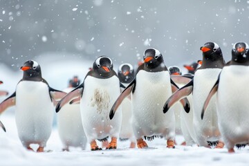 Cluster of penguins waddling in the cold snow, A group of penguins waddling together on snow