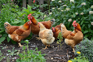 Group of chickens in garden in summer