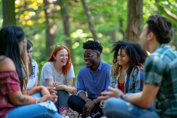 A group of young individuals sitting closely together, engaging in a lively discussion, A group of people having a lively discussion in a park
