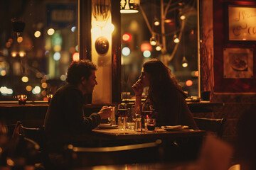 Couple sitting at table in dark restaurant
