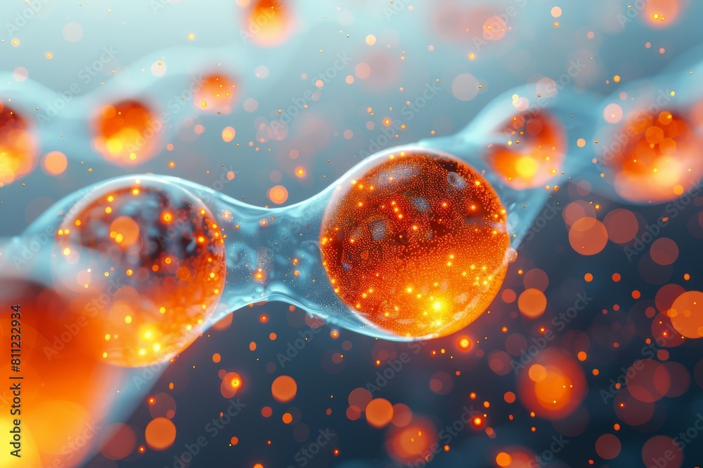 Poster vivid depiction of microscopic structures resembling fiery orange orbs interconnected by translucent