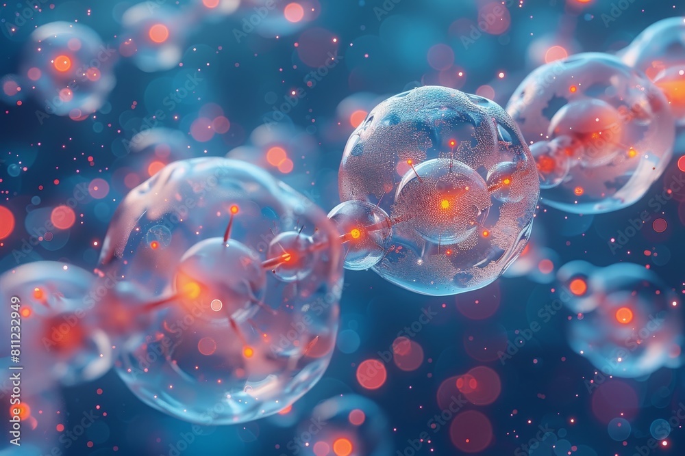 Poster conceptual image depicting translucent spheres with internal structures highlighted in vibrant red, 