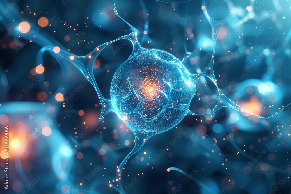 Poster high-tech visualization of a neural network with a glowing central node, suggestive of brain activit