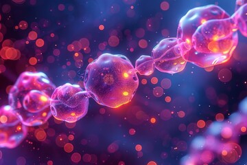 Artistic interpretation of a twisting DNA strand rendered with vibrant blue and red luminescent nodes on a bokeh background