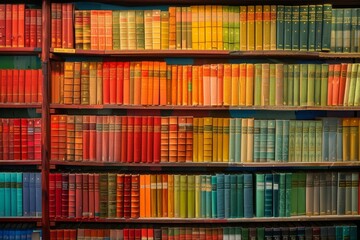 Vibrant library shelves filled with colorful, neatly organized books, educational and literary background or wallpaper.