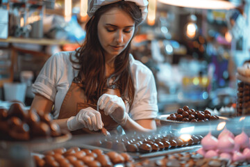 beautiful woman confectioner making candies in candy shop