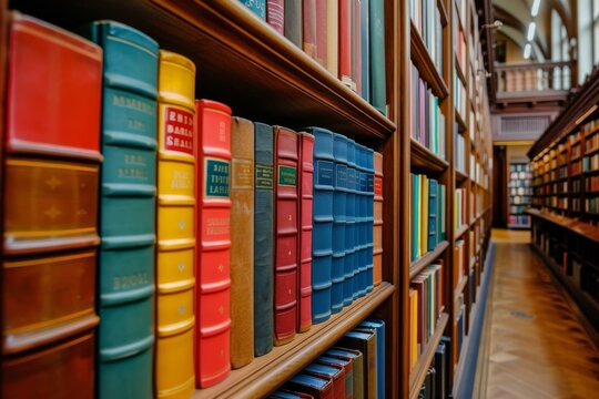  Colorful books line shelves in a classic library setting, educational and literary themes.