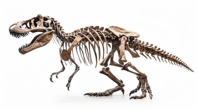 Trex Skeleton - Isolated Image of Prehistoric Tyrannosaurus Rex Bones and Fossils on a White