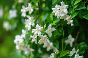 Trachelospermum Jasminoides Liana with Fragrant White Flowers Blooming in Closeup