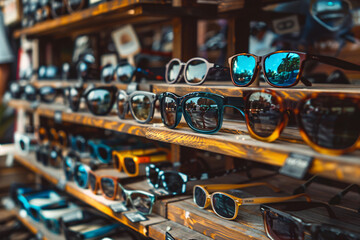 summer concept, close up of sunglasses on wooden shelves in the shop