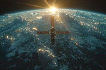 Stunning image capturing a satellite in orbit with radiant sunbeams peering through the clouds over...