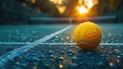 A tennis ball sits on a tennis court as the sun shines in the background, ready for a game to begin.
