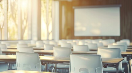  Sunny classroom with modern desks and a projection screen, educational themes.