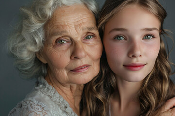 Portrait of beautiful young woman and her grandmother on grey background