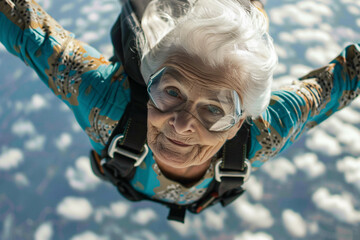 Portrait of smiling senior woman jumping with skydiving in blue sky