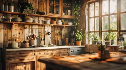 wooden kitchen setting, featuring an unoccupied dining table 