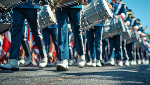  Low-angle view of a marching band parade focusing on drummers and flag bearers in uniform, evoking a sense of patriotic celebration.