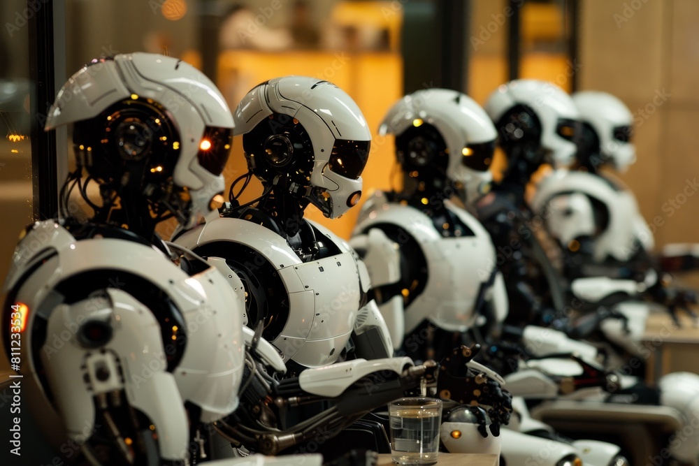 Poster a group of robots sitting in a row, engaging in conversation and interactions, a group of robots eng