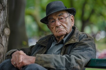 Elderly lonely man in hat sits on park bench, thoughtful expression, vibrant green background.