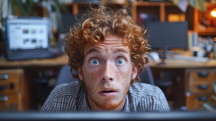 A man with red hair sitting in front of a computer, AI