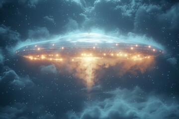 A grand spaceship hovers in a cloudy sky, bringing to life fantasies of extraterrestrial visitors and distant worlds waiting to be explored