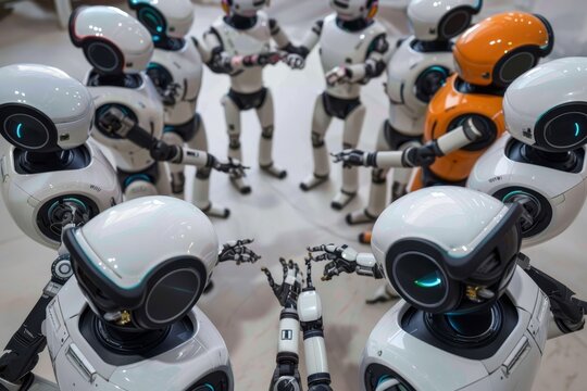 A group of robots standing next to each other, engaged in a lively discussion, A group of robots engaged in a lively discussion on artificial intelligence ethics