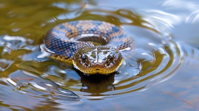 Venomous Waters: Water Moccasin Snake Swimming in Natural Creek Habitat