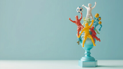 Colorful sports trophy with various athletes, including soccer and basketball, on a light blue...