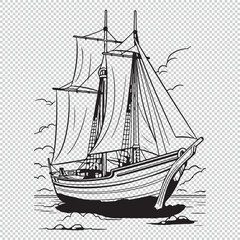 Flat sailboat line art design, black vector illustration on transparent background