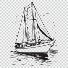 Flat sailboat line art design, black vector illustration on transparent background